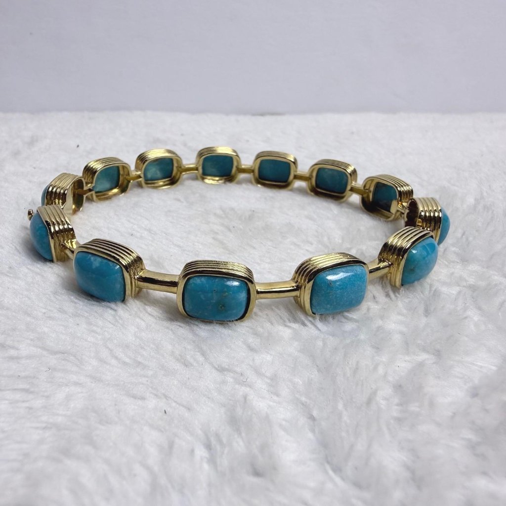 Blue Kingman Turquoise Bangle Bracelet 18k Gold Over Silver Jtv Vintage 8 Jewel 150$